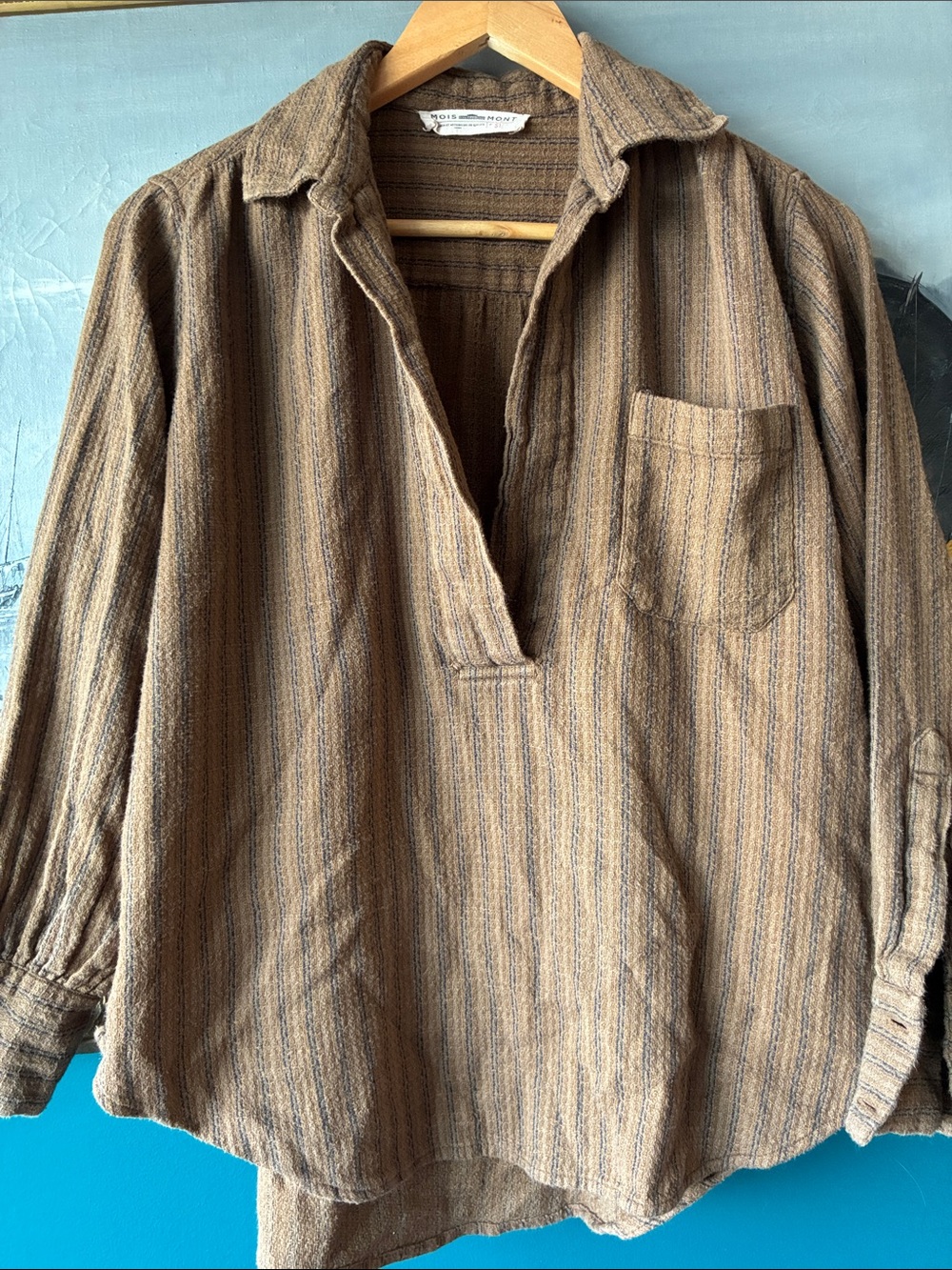 Moismont Brown Blue Striped Textured 100% Cotton Popover Shirt Blouse S1